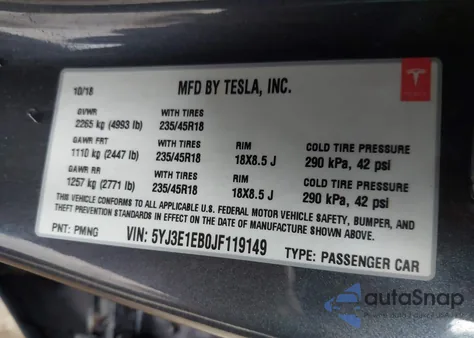 2018 Tesla Model 3 Long Range/Performance из США, поврежденный, VIN 5YJ3E1EB0JF119149
